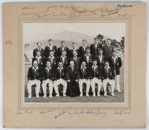 AUSTRALIA IN ENGLAND 1964: Official team photograph (by Leabon H. Stabb, Hobart) laid down on mount board with all the team and officials' original autographs at top and bottom; 21 signatures (with a few at top affected by dampness); also, an official team sheet fully signed by all the players; a Rothmans card listing the Australian team with their facsimile signatures; and, an advertising postcard with a full team photo on one side and on reverse "The Australian Sunshine XI". (4 items).