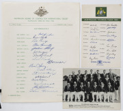 AUSTRALIA IN ENGLAND 1964: Official team photograph (by Leabon H. Stabb, Hobart) laid down on mount board with all the team and officials' original autographs at top and bottom; 21 signatures (with a few at top affected by dampness); also, an official tea - 2