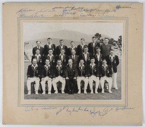 AUSTRALIA IN ENGLAND 1964: Official team photograph (by Leabon H. Stabb, Hobart) laid down on mount board with all the team and officials' original autographs at top and bottom; 21 signatures (with a few at top affected by dampness); also, an official tea