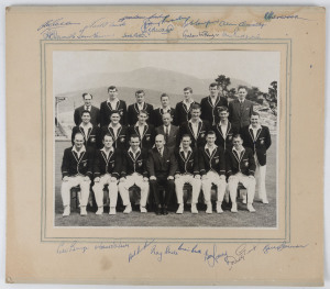 AUSTRALIA IN ENGLAND 1964: Official team photograph (by Leabon H. Stabb, Hobart) laid down on mount board with all the team and officials' original autographs at top and bottom; 21 signatures (with a few at top affected by dampness); also, an official team sheet fully signed by all 17 players; and, a P & O Orient Lines souvenir programme distributed aboard S.S.Orcades, which took the Australians to London. (3 items).Provenance: The estate of A.E.James, Physiotherapist to the Team