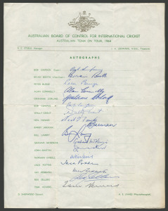AUSTRALIA IN ENGLAND - 1964: an official team sheet fully signed by all 17 players; and, a P & O Orient Lines souvenir programme distributed aboard S.S.Orcades, which took the Australians to London. (2 items).
