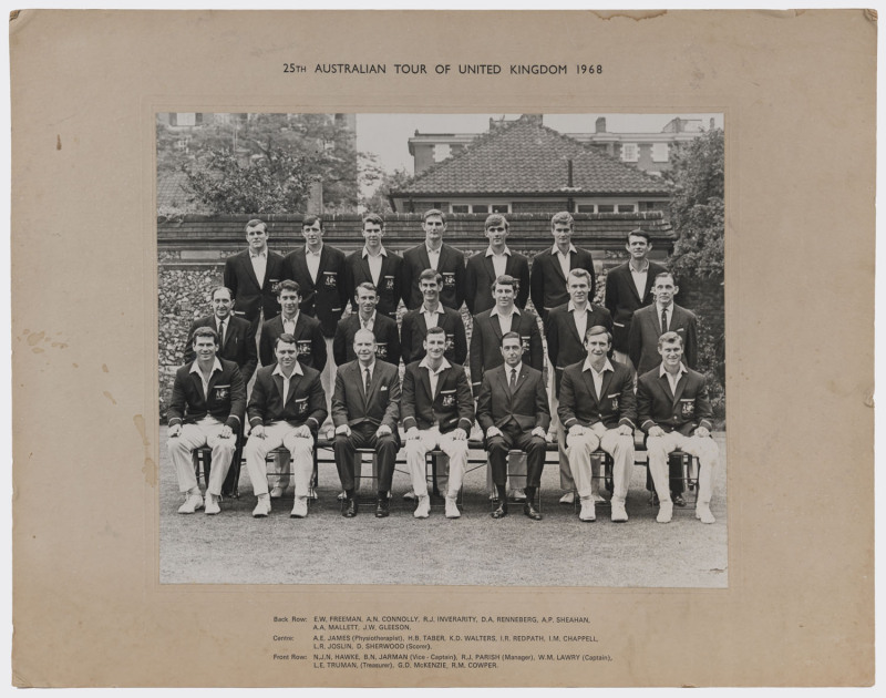 AUSTRALIA IN ENGLAND - 1968: An official team photograph, titled at top of mount "25TH AUSTRALIAN TOUR OF UNITED KINGDOM 1968" with the players' and officials' names printed below; overall 35.5 x 45.5cm. Togther with an Official team sheet signed by all 1