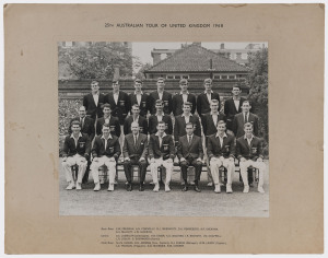 AUSTRALIA IN ENGLAND - 1968: An official team photograph, titled at top of mount "25TH AUSTRALIAN TOUR OF UNITED KINGDOM 1968" with the players' and officials' names printed below; overall 35.5 x 45.5cm. Togther with an Official team sheet signed by all 1