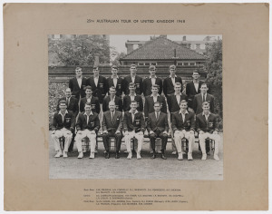 AUSTRALIA IN ENGLAND - 1968: An official team photograph, titled at top of mount "25TH AUSTRALIAN TOUR OF UNITED KINGDOM 1968" with the players' and officials' names printed below; overall 35.5 x 45.5cm. Togther with an Official team sheet signed by all 17 players and 4 officials in the touring party; also, A.E. James' luggage tag with gold embossed "1968 AUSTRALIAN TOURING CRICKET TEAM". (3 items).Provenance: The estate of A.E.James, Physiotherapist to the Australian Cricket Team, 1930s-1