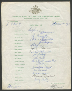 AUSTRALIAN TEAM ON TOUR, 1968: Two examples of the official team sheet, one fully signed by all 17 players in the squad; the other example also signed by the 17 players as well as the four officials (Parish - Team Manager; Truman - Team Treasurer; Sherwoo