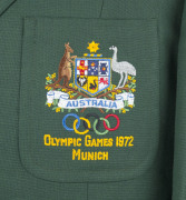 Official Olympic Team blazer; made by Fletcher Jones, in bottle green wool with the Australian Coat of Arms and the Olympic rings embroidered in the pocket with "OLYMPIC GAMES MUNICH 1972" below. Dated 6.7.72 on the manufacturers' label and named for D. H - 2