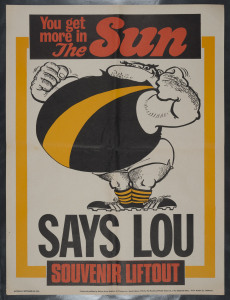 Saturday (morning) September 29, 1973 "The SUN" poster with RICHMOND predicted to be triumphant, "SAYS LOU".  Artwork by Jeff Hook. Scarce. Very good condition.