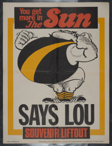 Saturday (morning) September 29, 1973 "The SUN" poster with RICHMOND predicted to be triumphant, "SAYS LOU". Artwork by Jeff Hook. Scarce. Very good condition.