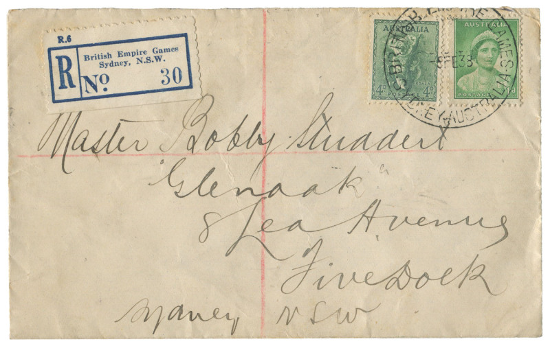 SYDNEY 1938: A registered cover sent from the temporary post office at the Games "Village" on 5th February 1938 to a local address; with special registration label 'British Empire Games Sydney, N.S.W. No.30". Very rare.