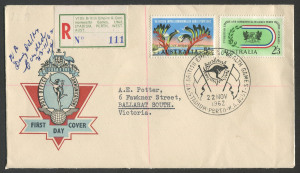 PERTH 1962: 22 November 1962 Opening Day registered cover mailed from the temporary post office at the Stadium, with the 5d & 2/3 Games stamps tied by the Opening Day postmark. With special green, red and blue registration label. Very scarce.