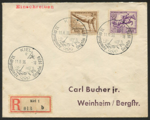 1936 Berlin, XI Summer Olympics: 11 August 1936 registered envelope with Olympic stamps (gymnastics and horse riding) tied by KIEL / XI OLYMPIADE SEGELN 1936 (sailing) postmark; addressed to Weinheim, with arrival backstamp. Keil was the location for all 