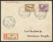 1936 Berlin, XI Summer Olympics: 11 August 1936 registered envelope with Olympic stamps (gymnastics and horse riding) tied by KIEL / XI OLYMPIADE SEGELN 1936 (sailing) postmark; addressed to Weinheim, with arrival backstamp. Keil was the location for all