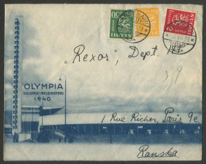 An official Olympic Games Helsinki 1940 publicity envelope used in July 1939 from RUOKOLAHTI to Paris; just prior to the cancellation of the Games.The 1940 Summer Olympics were originally scheduled to be held from Sept. 21 to Oct.6, 1940, in Tokyo. They were rescheduled for Helsinki, Finland, to be held from July 20 to Aug.1940, but were cancelled due to the outbreak of World War II. Helsinki eventually hosted the 1952 Summer Olympics and Tokyo the 1964 Summer Olympics.