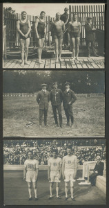 1912 Stockholm, V Summer Olympics: OFFICIAL POSTCARDS: A group of 3 real photo postcards including "Australasia's team, 1st prize in team race 800m" (swimming) with Healy, Hardwick, Boardman (all of Australia) & Champion (N.Z.); also, Applegarth, Lippinco