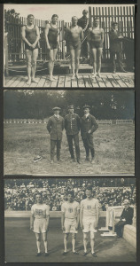 1912 Stockholm, V Summer Olympics: OFFICIAL POSTCARDS: A group of 3 real photo postcards including "Australasia's team, 1st prize in team race 800m" (swimming) with Healy, Hardwick, Boardman (all of Australia) & Champion (N.Z.); also, Applegarth, Lippincott & Craig 200m race; and, Sweden's winner of the dual shooting. Excellent condition.