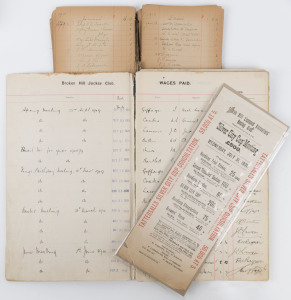 BROKEN HILL RACING CLUB. Historical documents comprising 1901 Petty Cash book, 1901 Tattersalls document, 1909-1920 Wages Book (several pages with NSW 2d Stamp Duty adhesives affixed), 1929 Rules & Memorandum of Association 10-page document, and a 1956 illustrated poster promoting the "October Racing Carnival"; condition variable. Nice lot. (5 items)