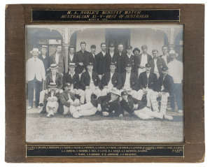 1908 MONTY NOBLE'S BENEFIT MATCH, AUSTRALIAN XI v REST OF AUSTRALIA, a rare large-format photograph showing both teams, with title "M.A.Noble's Benefit Match, Australian XI v Rest of Australia, March 1908", and players names to mount in gold block lettering. The teams included Victor Trumper, Charlie Macartney, Vernon Ransford, Hanson Carter, Clem Hill, Monty Noble, Syd Gregory, Warwick Armstrong & Frank Laver. Overall 50 x 63cm.