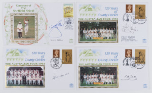 A collection of signed cricket souvenir envelopes, 1988-93 including 1993 covers signed individually by the members of 1993 Australian team (18) incl. Steve Waugh, Mark Waugh, Michael Slater, Ian Healey, Mark Taylor & Alan Border; 1995 NZ Cricket Centenary signed covers (4) including Richard Hadlee & Martin Crowe. Others include Dennis Lillee, Mike Gatting, Robin Smith, etc. (27 autographs).