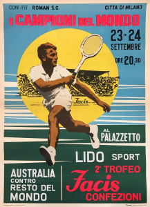 SECOND TROFEO FACIS 1963: 23rd & 24th September tournament poster depicting Lew Hoad in action. The competition brought together a number of professional tennis players - including several Australians - who competed for the trophy and shared in the proceeds of ticket sales. A rare poster, laid down on linen, overall 139 x 100cm.The text at lower left "Australia contro resto del Mondo" translates to "Australian against the rerst of the World".