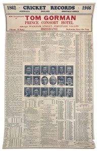 1946 "CRICKET RECORDS" poster distributed by Tom Gorman, proprietor of the Prince Consort Hotel, Fortitude Valley, Brisbane. The poster provides Australia, England and Sheffield Shield statistics going back to 1862 and photographs of some significant play
