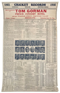 1946 "CRICKET RECORDS" poster distributed by Tom Gorman, proprietor of the Prince Consort Hotel, Fortitude Valley, Brisbane. The poster provides Australia, England and Sheffield Shield statistics going back to 1862 and photographs of some significant players. Laid down on linen, overall 86 x 52cm.