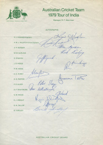 1979 Australian Team to India, official team sheet with 16 signatures including Kim Hughes (captain), Andrew Hilditch, Allan Border, Dav Whatmore & Rod Hogg. Scarce.