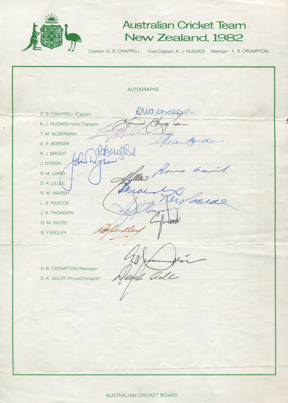 1982 AUSTRALIAN TEAM TO NEW ZEALAND, official team sheet with 15 signatures including Greg Chappell (captain), Kim Hughes, Terry Alderman & Dennis Lillee.