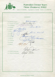 1982 AUSTRALIAN TEAM TO NEW ZEALAND, official team sheet with 15 signatures including Greg Chappell (captain), Kim Hughes, Terry Alderman & Dennis Lillee.