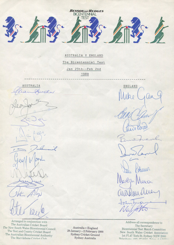 1988 Australia v England, Bicentennial Test at SCG, team sheet signed by both teams, with 20 signatures including Allan Border, David Boon (184no), Geoff Marsh, Mike Gatting, Chris Broad (139) & Eddie Hemmings. Fine condition. Rare.