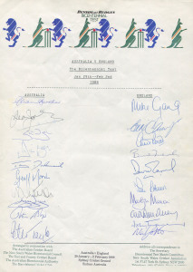 1988 Australia v England, Bicentennial Test at SCG, team sheet signed by both teams, with 20 signatures including Allan Border, David Boon (184no), Geoff Marsh, Mike Gatting, Chris Broad (139) & Eddie Hemmings. Fine condition. Rare.