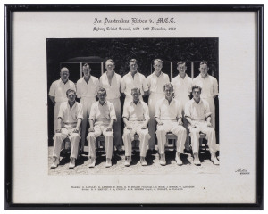 1950 official team photograph by Melba Studios, Sydney with the title 'An Australian Eleven v. M.C.C. Sydney Cricket Ground, 15th - 19th December 1950', and with the Australian players names printed on the mount below. The team included Athur Morris (Capt.), Keith Miller (Vice Capt.), Doug Ring, Gil Langley and Ken Archer. Overall 28.5 x 36 cm. Good condition.