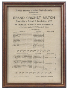 Australia in England, 1893: Early original silk scorecard for the "GRAND CRICKET MATCH - Australia v. Oxford & Cambridge" played at the United Service Cricket Club Ground in Portsmouth, July 31st, and August 1s, 2nd, 1893. The scorecard with fully completed details, mounted, framed and glazed, is in excellent condition with the printing bright. Overall 26.5 x 19.5cm. Rarely seen in this condition.Despite Australia's incredible total of 843 in their first and only innings, the match ended i