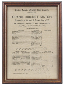 Australia in England, 1893: Early original silk scorecard for the "GRAND CRICKET MATCH - Australia v. Oxford & Cambridge" played at the United Service Cricket Club Ground in Portsmouth, July 31st, and August 1s, 2nd, 1893. The scorecard with fully complet