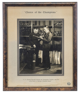 CRICKETERS in ADVERTISING: "Gripu" Trousers advertisement featuring the M.C.C. Team 1950-51 in Australia with original photograph surrounded by their facsimile signatures; a similar presentation featuring the M.C.C. Team 1954-55; also, a fine original photograph by Riley Studios, Sydney, of Clarrie Grimmett signing bats during a visit to the Slazenger factory, with the heading "Choice of Champions" in the upper margin. (3 framed items; the largest 41 x 34.5cm.)
