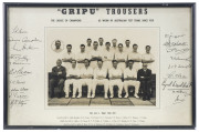 CRICKETERS in ADVERTISING: "Gripu" Trousers advertisement featuring the M.C.C. Team 1950-51 in Australia with original photograph surrounded by their facsimile signatures; a similar presentation featuring the M.C.C. Team 1954-55; also, a fine original pho - 2