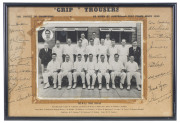 CRICKETERS in ADVERTISING: "Gripu" Trousers advertisement featuring the M.C.C. Team 1950-51 in Australia with original photograph surrounded by their facsimile signatures; a similar presentation featuring the M.C.C. Team 1954-55; also, a fine original pho - 3