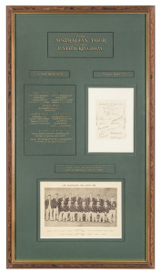 1938 AUSTRALIAN TOUR TO THE UNITED KINGDOM attractively presented display incorporating a fully signed team sheet (with 16 autographs) and the team photo as published by the "News Chronicle" and "The Star". Beautifully hand-annotated in black and gold on green acid-free mountboard providing details of results of the five test match series as well as details of Australia's best performers. Framed and glazed; overall 107 x 59.5cm.Under the captaincy of Don Bradman, Australia won the 4th Test