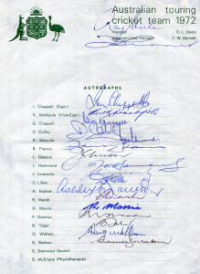 1972-79 collection of Australian Official Team sheets; all fully signed, comprising 1972 (Ian Chappell, Capt.), 1973 (Ian Chappell, Capt.), 1975 World Cup Tour to Canada & United Kingdom (Ian Chappell, Capt.), 1977 (Greg Chappell, Capt.), 1978 to the West Indies (Bob Simpson, Capt.), 1979 World Cup Team (Kim Hughes, Capt.) and 1979 Tour of India (Kim Hughes, Capt.). (7 sheets; a total of 115 original signatures).