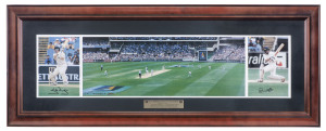THE LAST AUSTRALIAN TEST OF THE CENTURY: Limited edition [364/1000] montage with Steve Waugh (signed) at left; a moment during play between Australia and India in the centre and Sachin Tendulkar (signed) at right. Framed & glazed; overall 44 x 110cm.