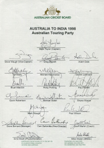 AUSTRALIA: 1998 Australian Team to India, official team sheet with 20 signatures including Mark Taylor (captain), Shane Warne & Steve Waugh. India won the 3 Match Test Series, 2-1.