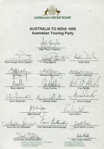 AUSTRALIA: 1998 Australian Team to India, official team sheet with 20 signatures including Mark Taylor (captain), Shane Warne & Steve Waugh. India won the 3 Match Test Series, 2-1.