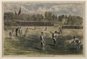 Framed displays, comprising the "International Cricket Match at Philadelphia" hand-coloured engraving from Harpers Weekly, 1879, 40 x 50cm; 1953 Official Score Sheet for the Test Match between England & Australia played at Kennington Oval framed together with an offical photo of the victorious English team; an official press photo of the moment the Test was "tied" at Brisbane, Dec.1960, between Australia & West Indies, 36 x 40cm.; & a display featuring a miniature bat signed by Don Bradman. (4)