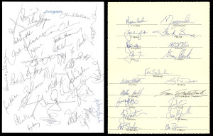 1966-96 accumulation which includes a Dec.1966 "Wales v Australia" at Cardiff dinner menu; a 1975 Roy Ullyett illustrated menu for the 50th Anniversary Luncheon in honour of The Australia Rugby Union Touring Team (signed by the chairman, Edward Heath); various (7) 1987 World Cup ticket stubs including the Final; British Lions 1989 signed postcard; signature card of the New Zealand team to Australia & South Africa, June-Aug.1992; another card of the NZ Touring Party to Ireland & Wales, etc.