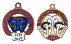 MELBOURNE CRICKET CLUB, 1932-33 membership badges, made by C. Bentley, (No.4312) and an unissued trial badge, numbered No.100 on reverse, made by Stokes & Sons. (2 items).Another example of the Stokes trial badge, with different colour arrangement, was so