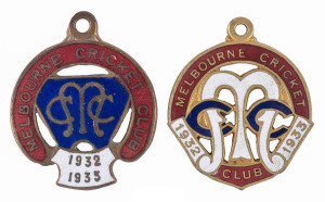 MELBOURNE CRICKET CLUB, 1932-33 membership badges, made by C. Bentley, (No.4312) and an unissued trial badge, numbered No.100 on reverse, made by Stokes & Sons. (2 items).Another example of the Stokes trial badge, with different colour arrangement, was sold in our April 2015 auction for $585 incl. BP.