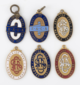 ADELAIDE OVAL, members badges for 1933-34 (No.911), 1938-39 (No.1597), 1939-40 (No.1381), 1940-41 (No.2063), 1951-52 (No.2908) and 1952-53 (No.691) all by Schlank. (6 items).