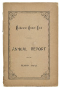 'Melbourne Cricket Club, Annual Report, For the Season 1894-95.' [Melbourne; Mason, Firth & M'Cutcheon, 1895] 62pp, with original pink covers (faded). Includes a full report on all activities, match reports, averages, a complete list of members, etc.