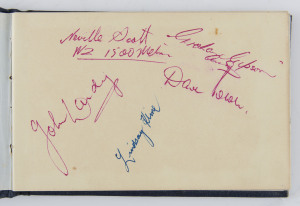 An autograph book containing mainly 1956 Olympian's signatures including John Landy, Neville Scott, Graham Gipson, Bill Butchart, Albie Thomas, Ronald Crawford, Leon Gregory, Mervyn Lincoln, John Goodman, Sven Coomer, Faith Leech, John Hayres, Dawn Fraser and many more. Also noted several foreign athletes and some later Australian cricketers including Lillee, Lawry, Maddocks, Loxton, Burge, Grout, Chappell and others.