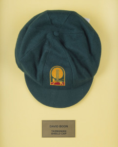 DAVID BOON'S TASMANIAN CRICKET CAP Baggy Green, with embroidered Tasmanian Tigers logo to front (cricket ball and stumps over a Tasmanian Tiger), signed inside by David Boon.