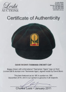 DAVID BOON'S TASMANIAN CRICKET CAP Baggy Green, with embroidered Tasmanian Tigers logo to front (cricket ball and stumps over a Tasmanian Tiger), signed inside by David Boon. - 3